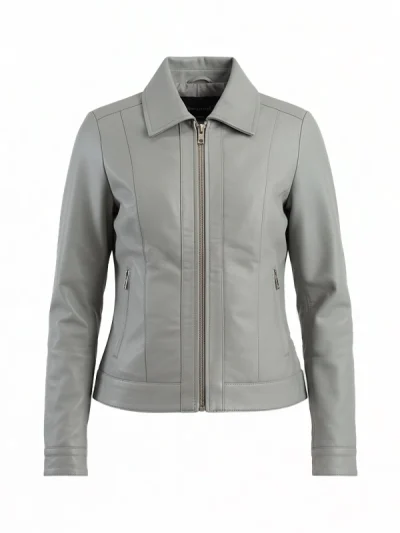 Classic Collar Gray Zip-up Leather Jacket For Women's