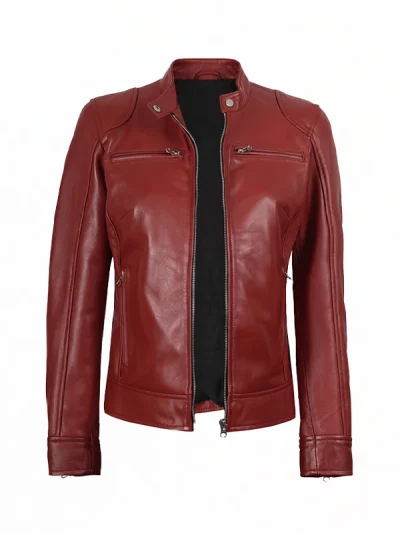 Red Cafe Racer Biker Leather Jacket For Women's